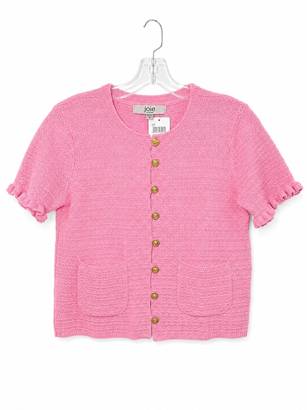 NEW Joie Pink Knit Button Front Short Sleeve Ruffle Cardigan Sweater Coquette